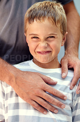 Buy stock photo Funny, face and portrait of child with parent playing for bonding, support and love in outdoor park together. Care, cute and young kid happy hug father or dad on vacation or holiday travel with smile