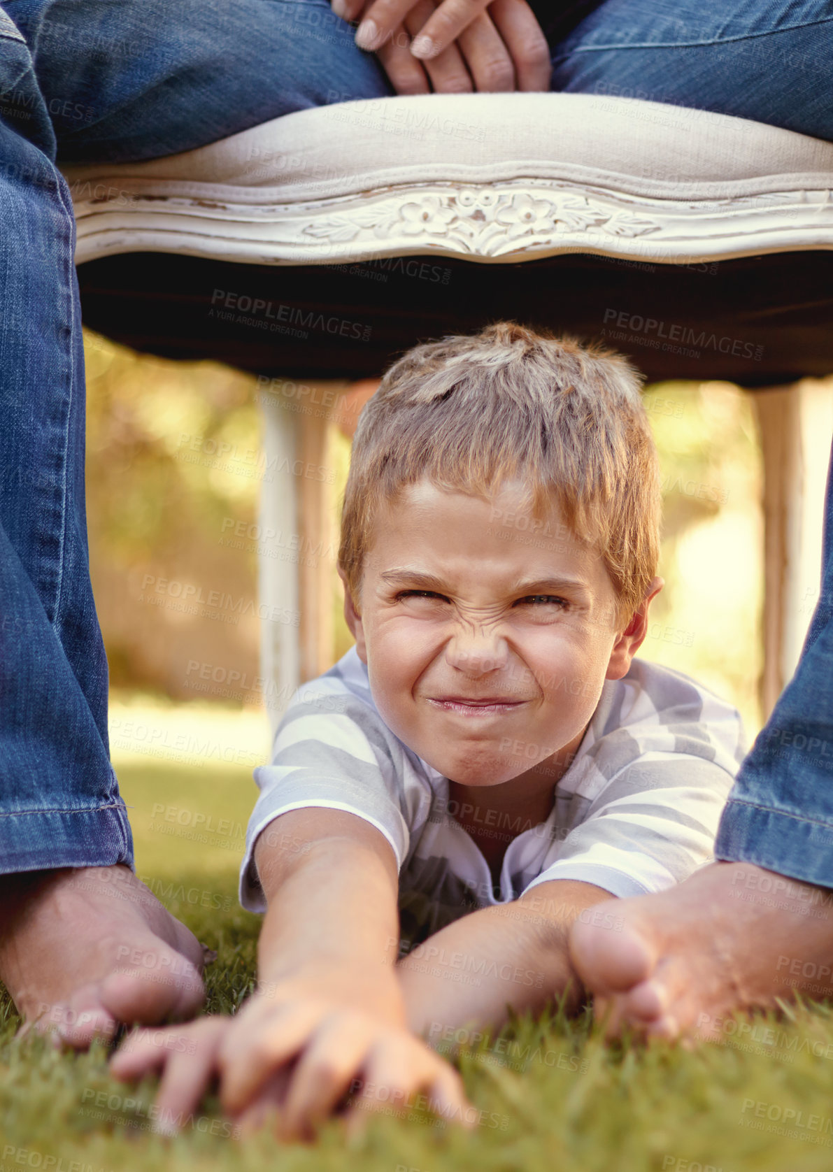 Buy stock photo Funny, park and portrait of child with parent playing for bonding, support and love outdoor together. Care, cute and young kid happy hug father or dad on vacation or holiday travel with smile