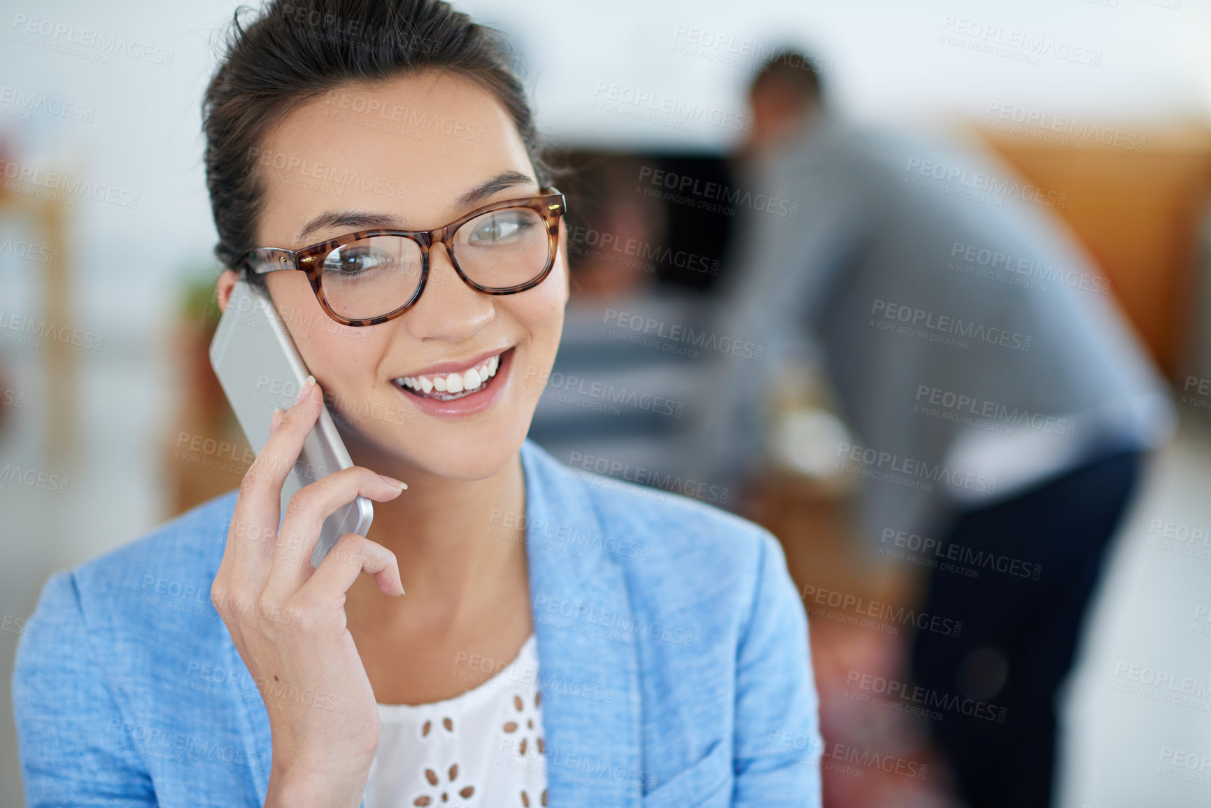 Buy stock photo Woman, business and talk on phone call in office, happy and client negotiation or feedback for creative agency. Conversation, connection and professional or social networking, smartphone and mobile