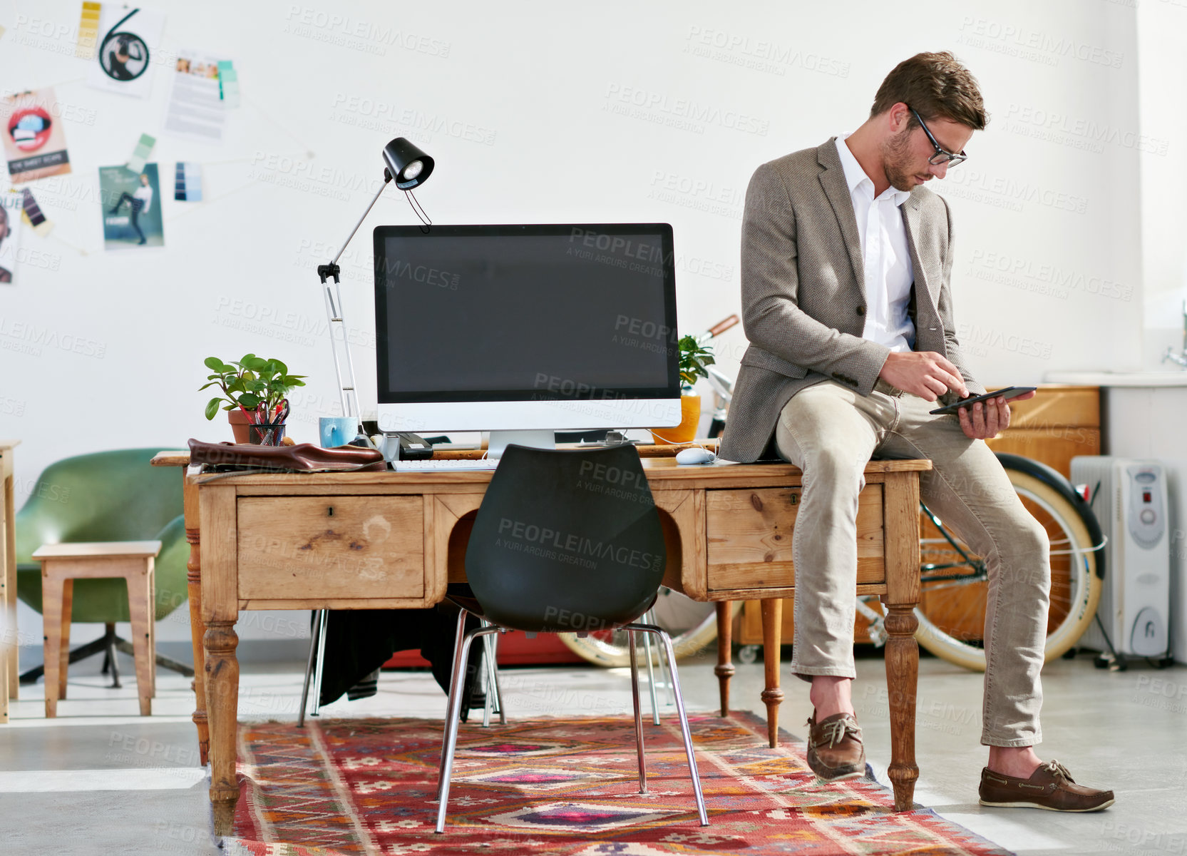 Buy stock photo Businessman, relax and desk for texting on cellphone, communication and app. Conversation, internet and online website for stock market, checking and financial advisor person or manager in office 