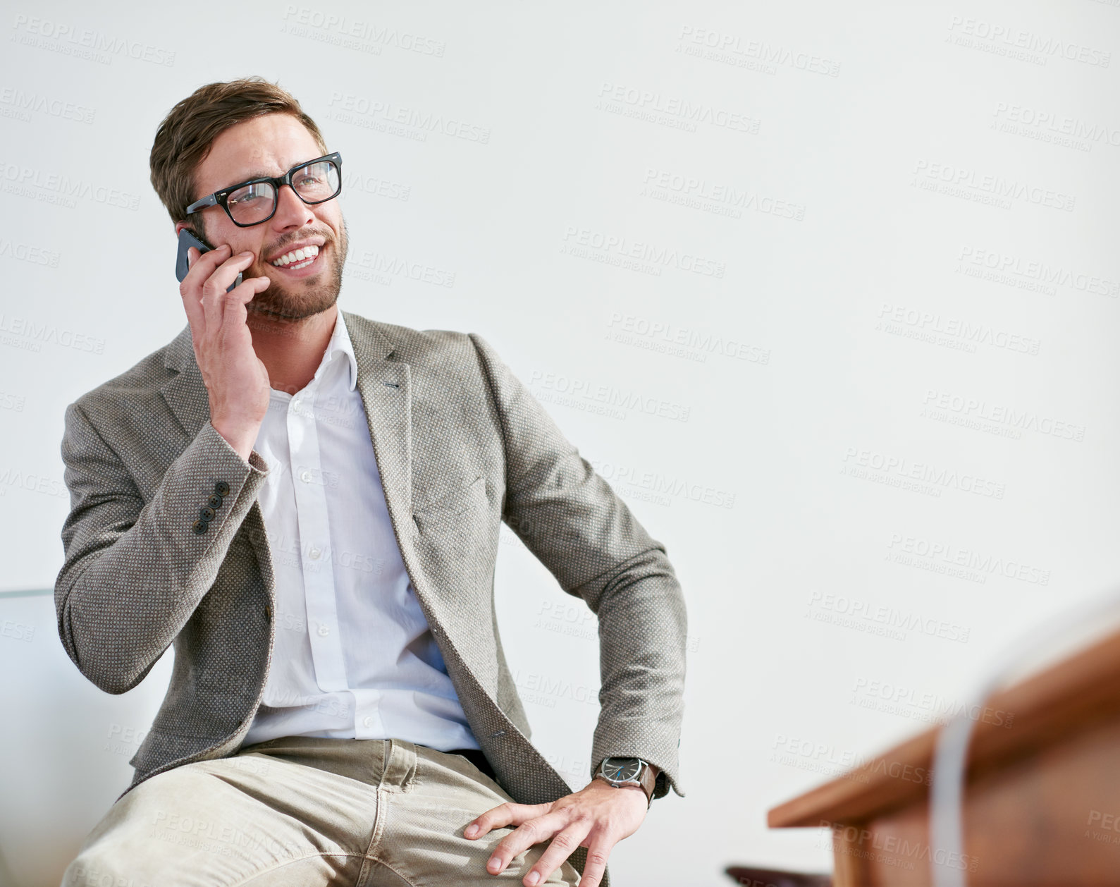 Buy stock photo Happy, business and man with phone call in office for communication, contact and feedback of negotiation report. Confident, male person and talking on mobile, online and chat for networking advice