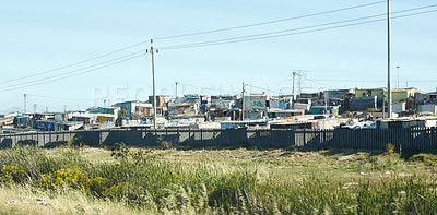 Buy stock photo Shot of an informal settlement in Cape Town
