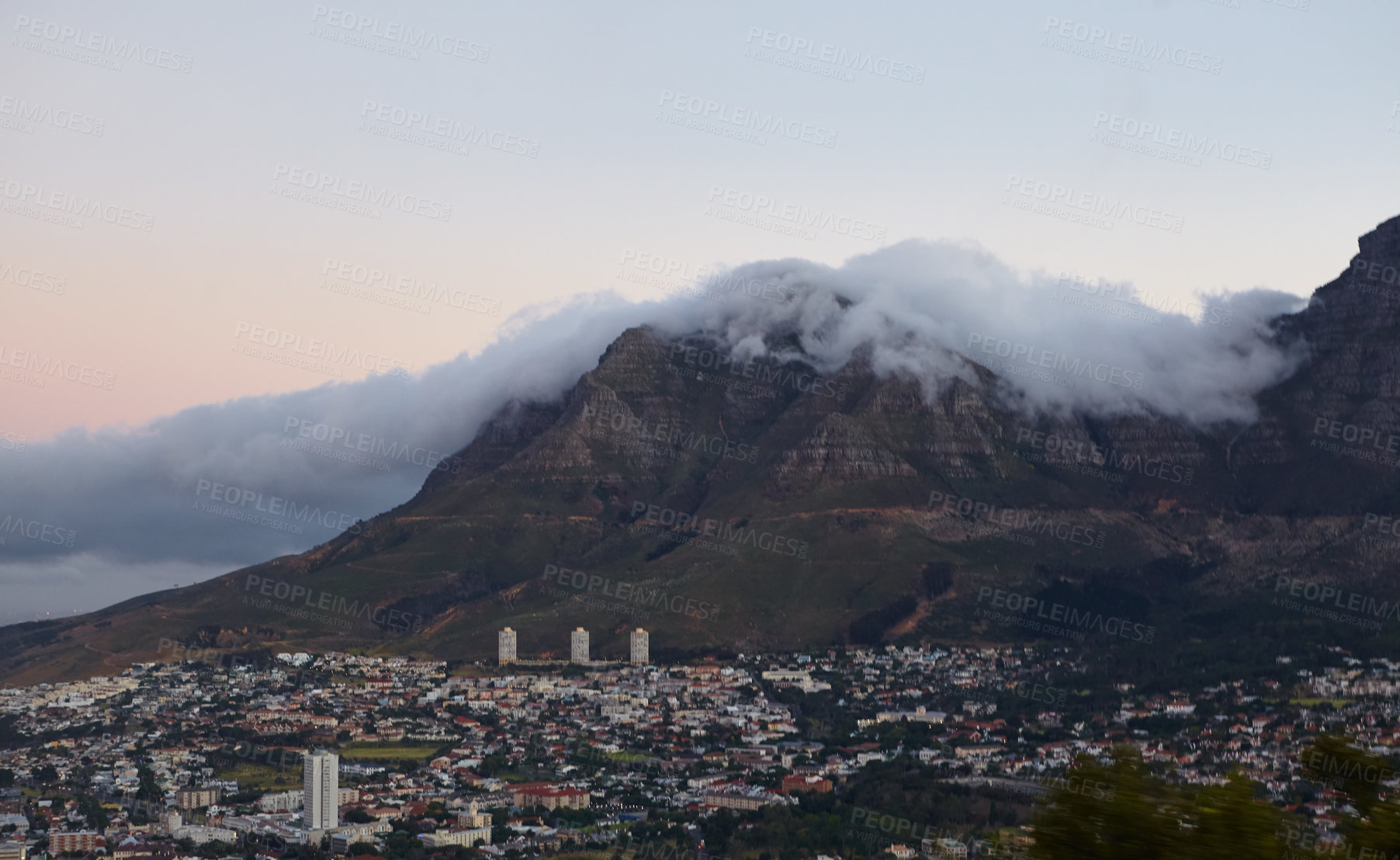 Buy stock photo A high up view of the city of Cape Town, South Africa on a cloudy day