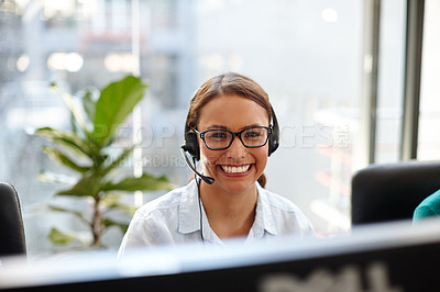 Buy stock photo Virtual assistant, portrait or happy woman in call center for consulting, online help or loan advice. Computer, female consultant or friendly agent with smile for telemarketing or sales communication