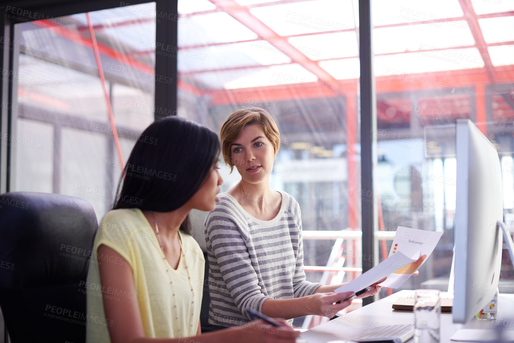 Buy stock photo Business, women and teamwork with documents at office for report, feedback and reviews as data scientist. People, employees and meeting with computer or statistics for market research and revenue