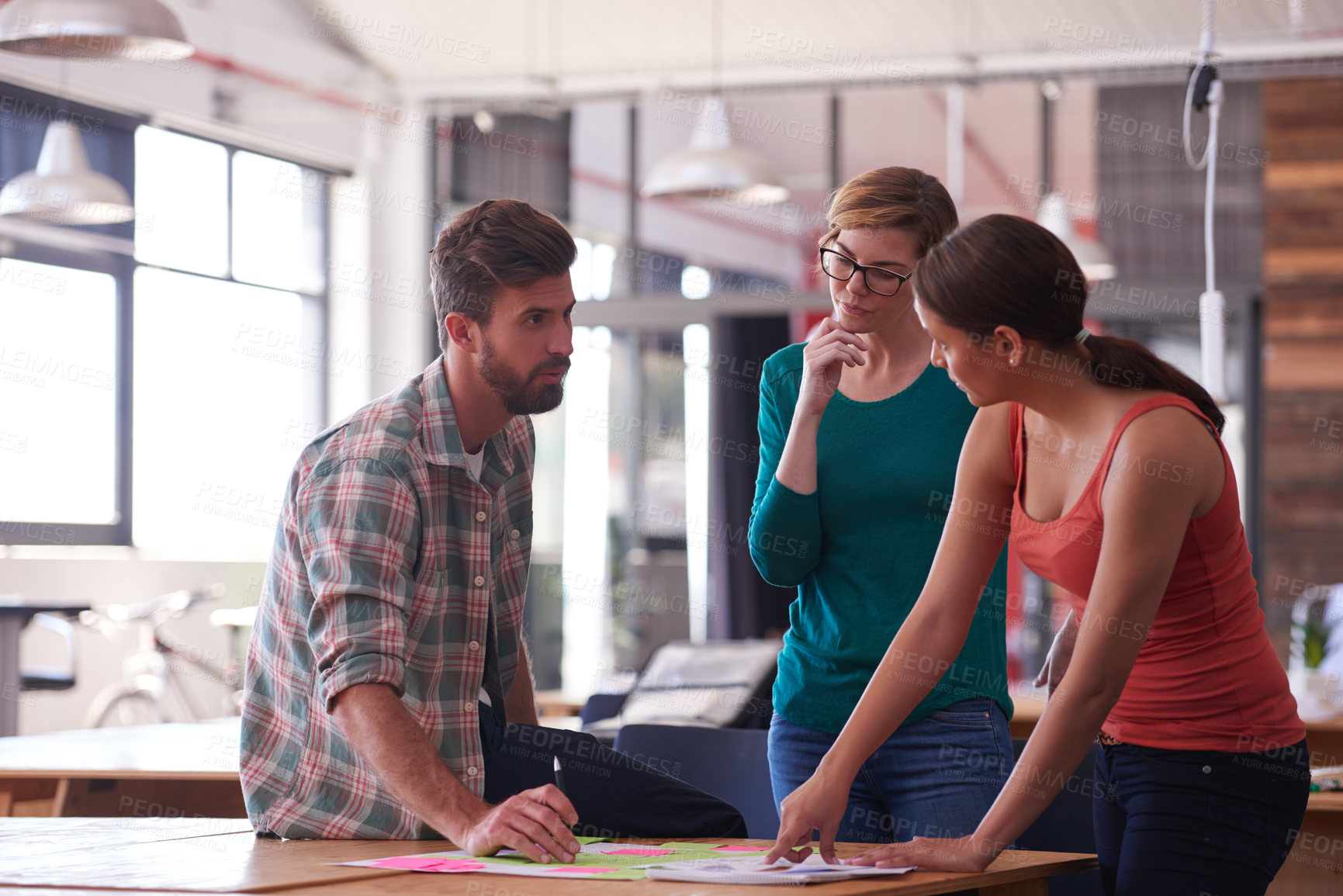 Buy stock photo Man, women and creative meeting in office for workshop, discussion and project collaboration. Brainstorming, pitch and business people with research notes, teamwork or planning ideas at design agency