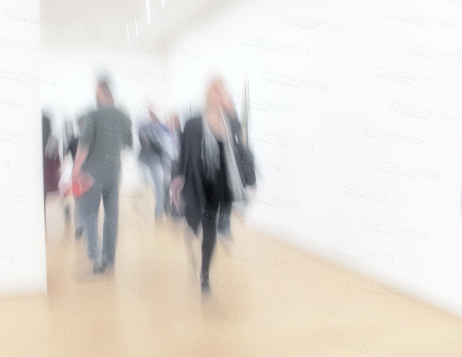 Buy stock photo Motion blur, busy gallery and people walking, moving or fast speed for art exhibition. Museum, night and crowd at modern expo for presentation, culture or creative showroom with paintings in studio