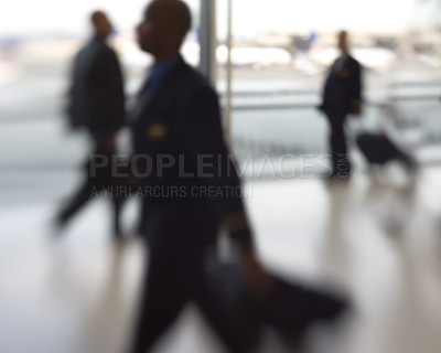 Buy stock photo Blurred, airport and people hurry with suitcase, urgency or walking for vacation or business. Catch flight, tourist and rush for plane, train and bus in station for work trip, holiday or travel