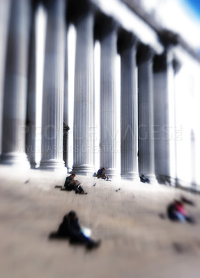 Buy stock photo Motion blur, people or tourist on stairs museum for taking break, busy building or commute on Capitol steps. Group, community or crowd of population in town square, urban area or public landmark