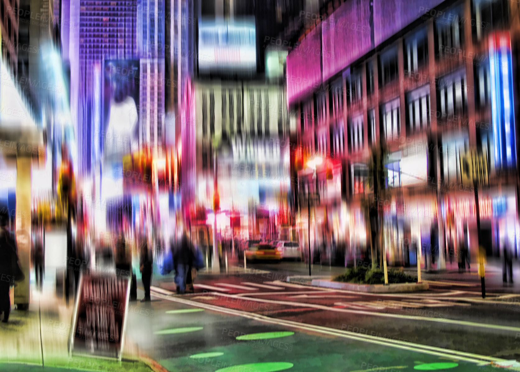 Buy stock photo People, lights and street with motion blur at night of busy road or cityscape in New York City. Group, community or pedestrians on sidewalk in late evening, town square or urban area with traffic