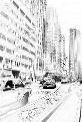 Buy stock photo Illustration, city and drawing with sketch, motion and buildings with car, road and creativity. Abstract, vehicle and artistic with travel, graphic design and New York with art deco, skill and talent