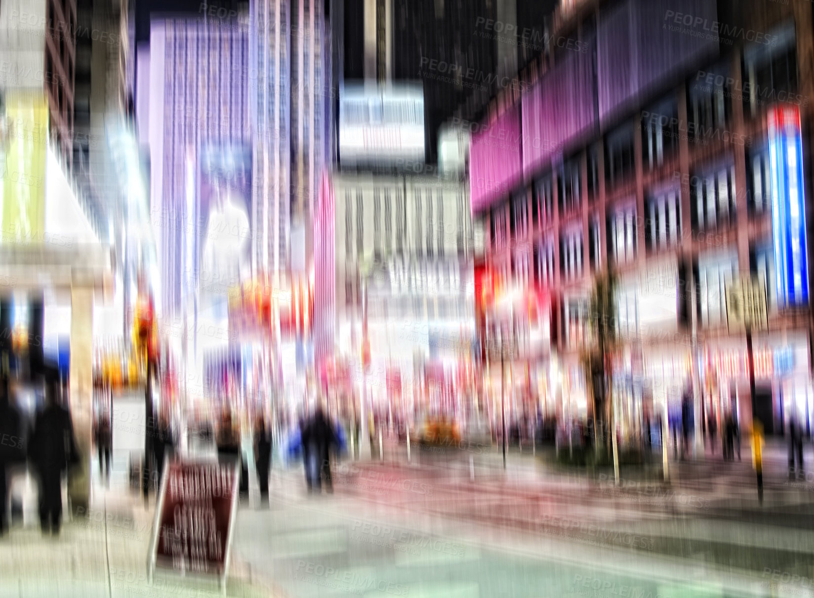 Buy stock photo Community, lights and street with motion blur at night of busy road or cityscape in New York City. Group, people or pedestrians on sidewalk in late evening, town square or urban area with traffic