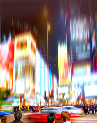 Buy stock photo Traffic, people and motion blur in New York for travel, transportation and cityscape at night. Pedestrians, sidewalk and journey in USA for tourism, adventure and bright lights in city with glow