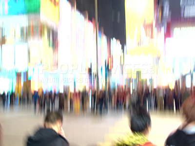 Buy stock photo Blur, city and people on street at night outdoor in New York cityscape for population migration with traffic. Busy crowd, motion and road with lights, walk and travel in urban society with buildings