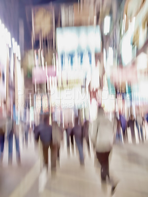 Buy stock photo People, walking and town with motion blur at night of busy street with lights in New York City. Group, community or pedestrians moving on road in late evening, town square or urban area with crowd