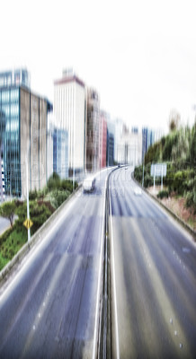 Buy stock photo City, blur and motion with urban, abstract and street for New York cityscape and architecture. Manhattan, background and metropolitan backdrop for speed, transportation and highway road downtown