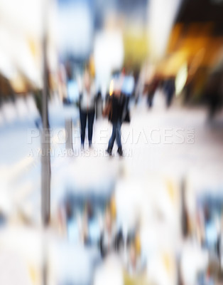 Buy stock photo Blurry, motion and people on street in city with trippy vertigo or dizziness from walking journey. Speed, confused and psychedelic pov illusion with distortion of vision from fatigue or burnout