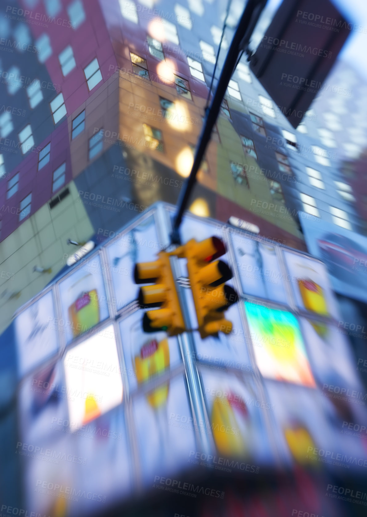 Buy stock photo Blur, abstract and stoplight in city with speed, night time and billboard with electricity. Traffic light, urban road and moving for advertising with motion, lights and building in New York City