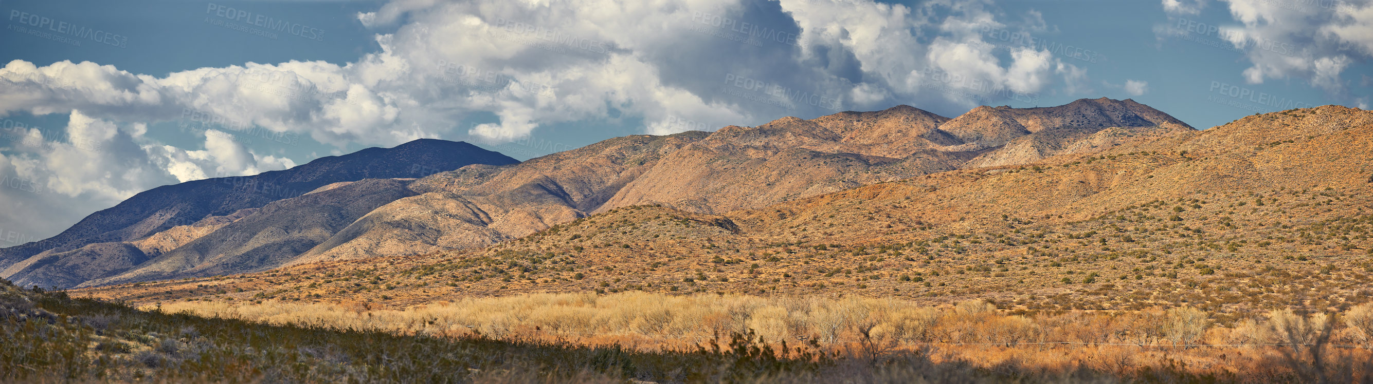 Buy stock photo Desert, landscape and nature with plants, clouds and sunshine with summer, weather and adventure. Empty, flowers and wildlife with dust, field and weed with cactus, mountain and rocky with vacation