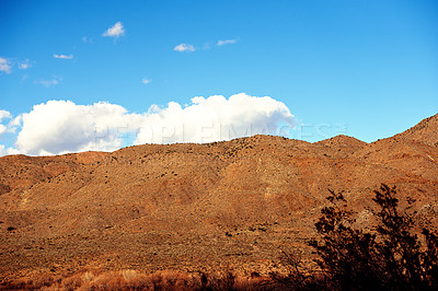 Buy stock photo Landscape, mountain and dry in countryside as wallpaper with nature for conservation, sustainability and environment in Texas. Desert, drought in summer with climate change, natural and hot weather