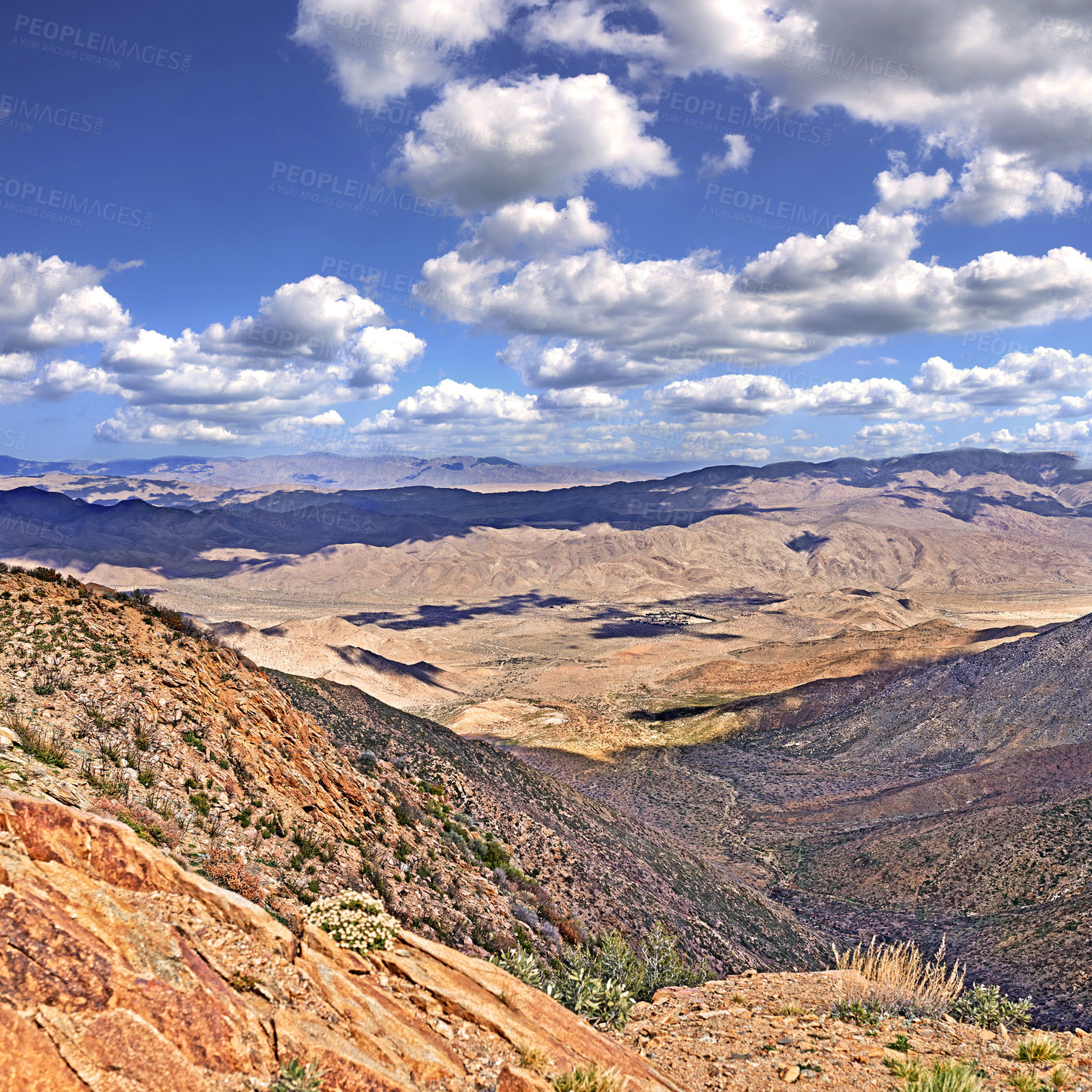 Buy stock photo Blue sky, clouds and mountains with landscape for travel, scenery and hiking trail in environment. Sustainable, agriculture and plants on rocks in eco friendly and natural habitat in countryside.