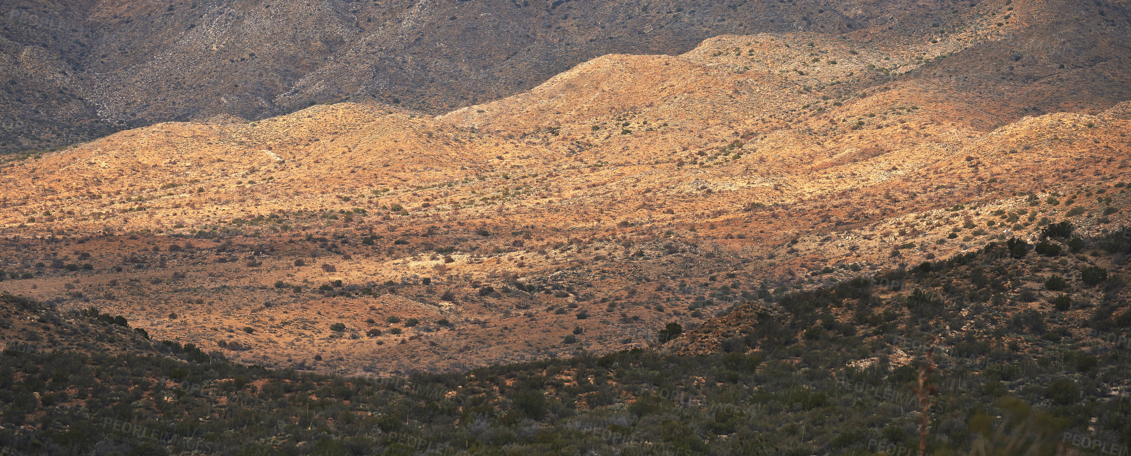 Buy stock photo Landscape, countryside and mountain with nature or environmental friendly, summer and drought in Texas. Outdoor, adventure and jungle with global warming, dry and climate change with sustainability