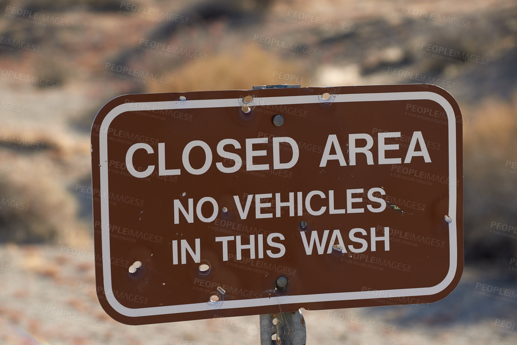 Buy stock photo Desert, closed or sign outdoor in nature, landscape or background in Anza Borrego state park wash in California. Travel, land or restricted environment in summer on dead end, caution or notice in USA