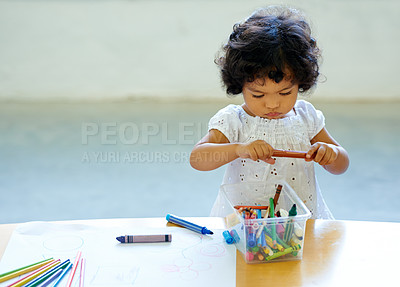 Buy stock photo Young girl, crayons and drawing in classroom for creative development, education growth in kindergarten. Child, daycare or table pencils artwork for learning play school or paper, craft idea or color