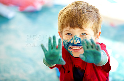 Buy stock photo Children, paint and mess or play portrait, happy boys in preschool or childhood fun. Educational development, smile and finger or face painting for art, recreation activity for growth together