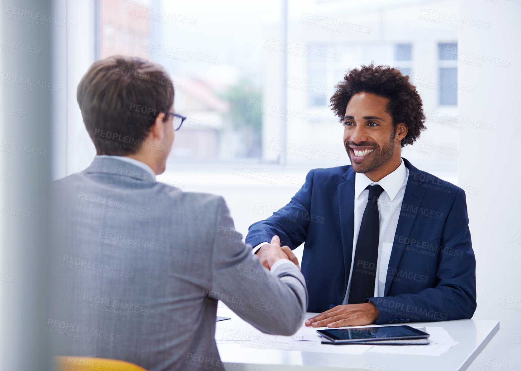 Buy stock photo Business, man and happy with handshake at office for welcome with partnership or congratulations on deal. Meeting, thank you and opportunity with support or agreement for teamwork and collaboration