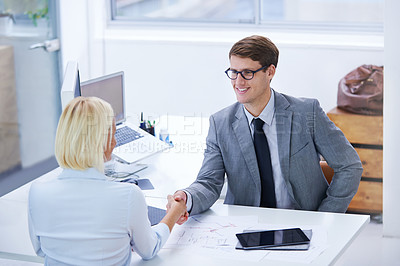 Buy stock photo Employees, people and happy with handshake at office for welcome with congratulations on business deal. Meeting, negotiation and opportunity on partnership or agreement for teamwork and collaboration