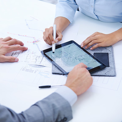 Buy stock photo Tablet, blueprint screen or hands of people in meeting for planning or engineering project. Architecture strategy, teamwork or designers speaking of digital app, development or floor plan closeup