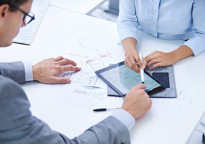 Buy stock photo Tablet, floor plan screen or hands of people in meeting for planning or engineering project. Architecture strategy, teamwork or designers speaking of digital app, development or blueprint closeup