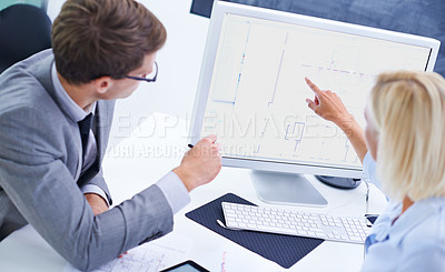 Buy stock photo Architects, people and computer screen with digital blueprint at office for floor or building design. Architecture, employees and strategy or planning with support, teamwork and collaboratiion