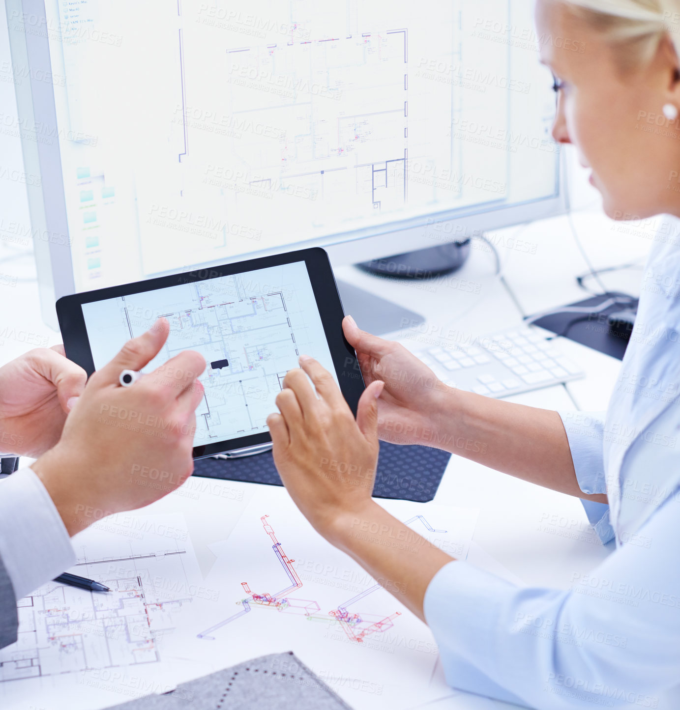 Buy stock photo Tablet, blueprint screen or woman with engineer planning in meeting for engineering project progress. Architecture strategy, teamwork or hands on technology with digital app or floor plan development