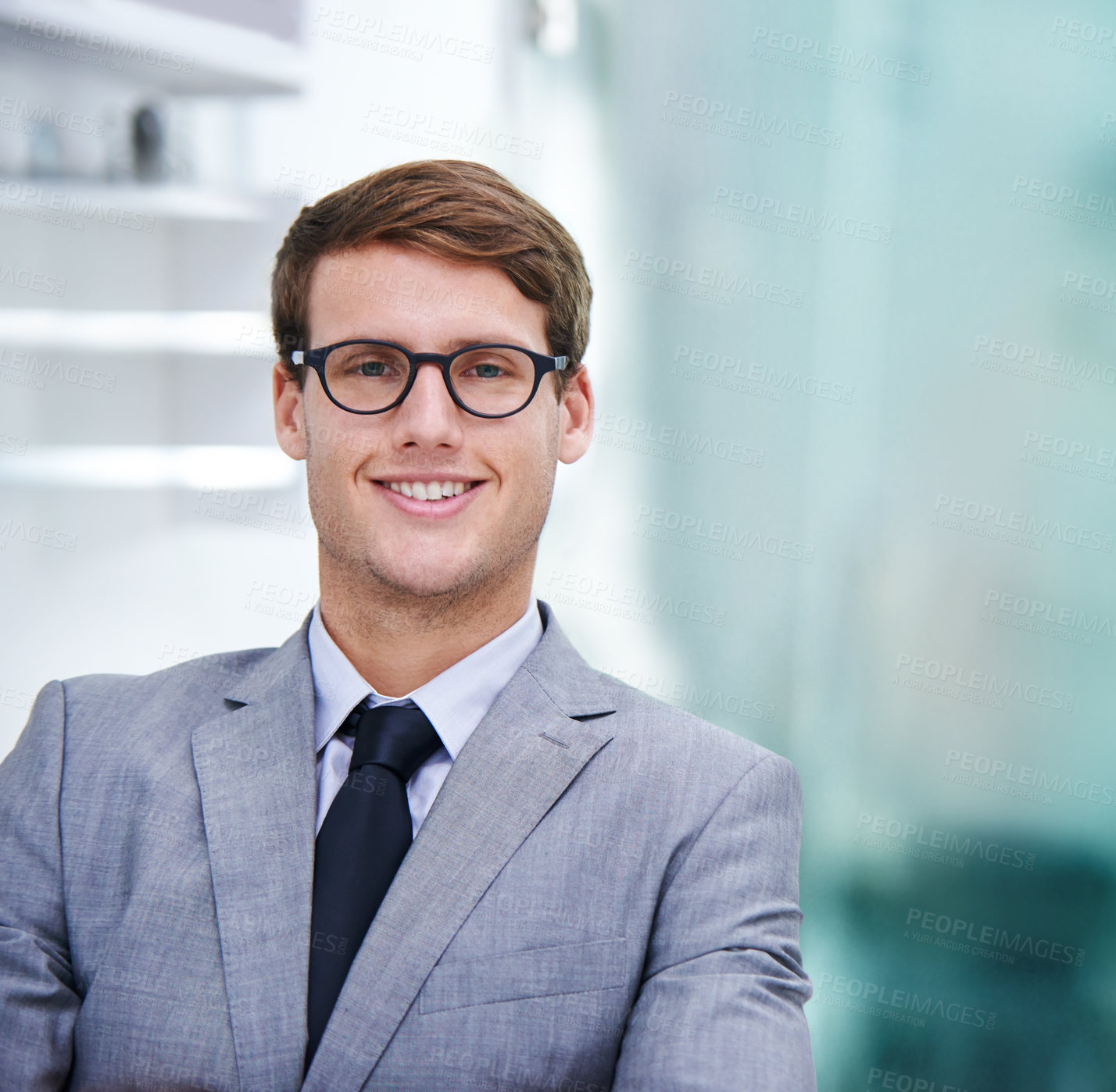 Buy stock photo Happy, portrait and man in office with glasses, confidence and legal consultant with positive attitude at law firm. Lawyer, attorney or businessman with smile, opportunity and career in business 