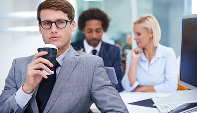 Buy stock photo Coffee, thinking and businessman in office with ideas for team with finance budget discussion. Brainstorming, glasses and financial planner with cappuccino in morning for company investment project.