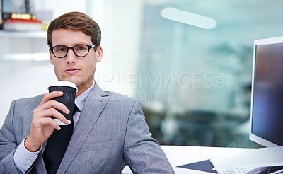 Buy stock photo Coffee, serious and portrait of businessman in office for finance budget planning with equity. Pride, glasses and male financial analyst with cappuccino in morning for company investment project.