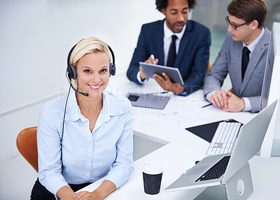 Buy stock photo Call center, happy and woman consultant in office for international customer service omnichannel. Contact us, portrait and female technical support agent with global clientele for crm consultation.