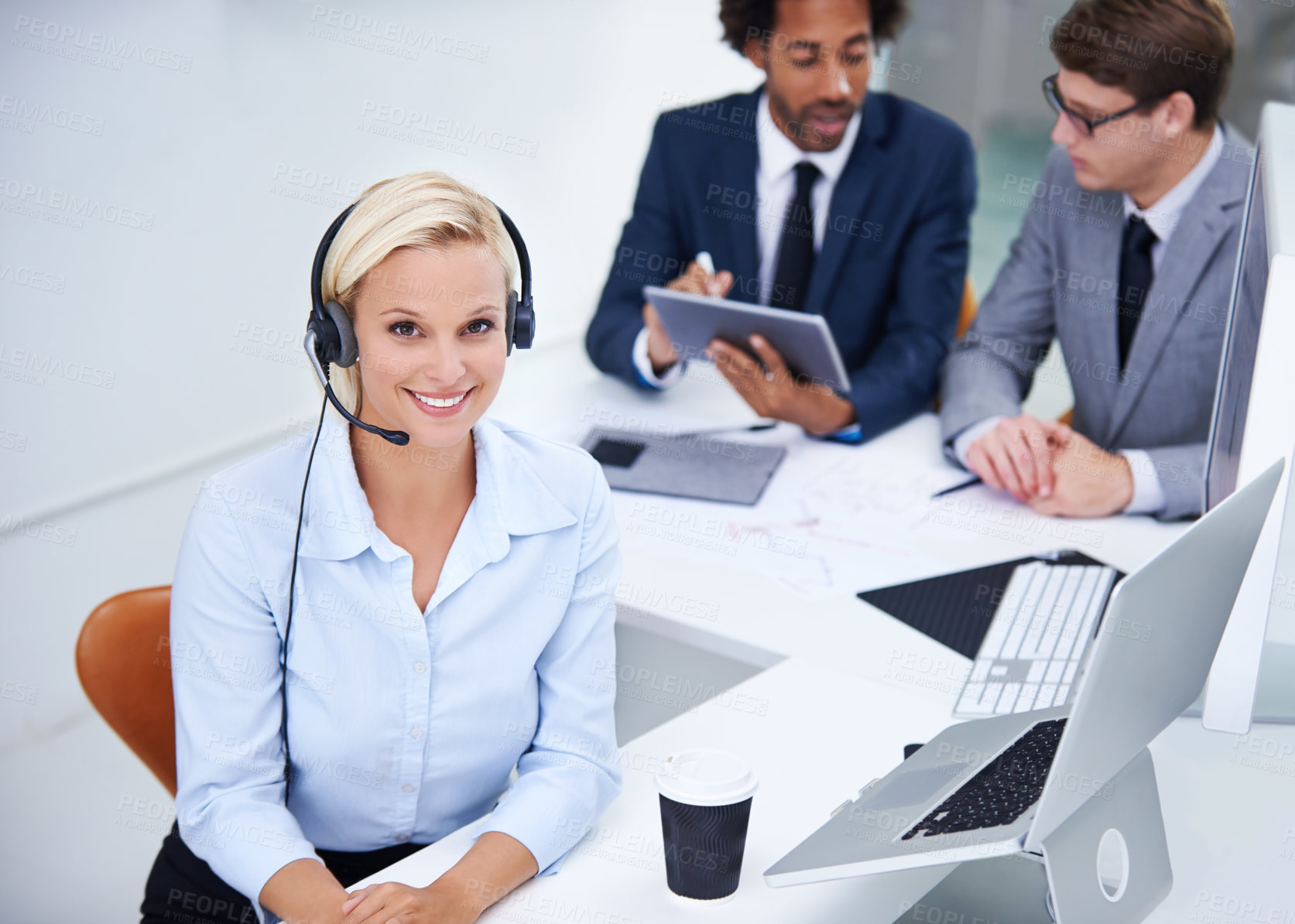 Buy stock photo Call center, happy and woman consultant in office for international customer service omnichannel. Contact us, portrait and female technical support agent with global clientele for crm consultation.