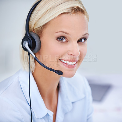 Buy stock photo Call center, headset and portrait of woman consultant in office for international customer service omnichannel. Contact us, happy and female technical support agent with global crm consultation.