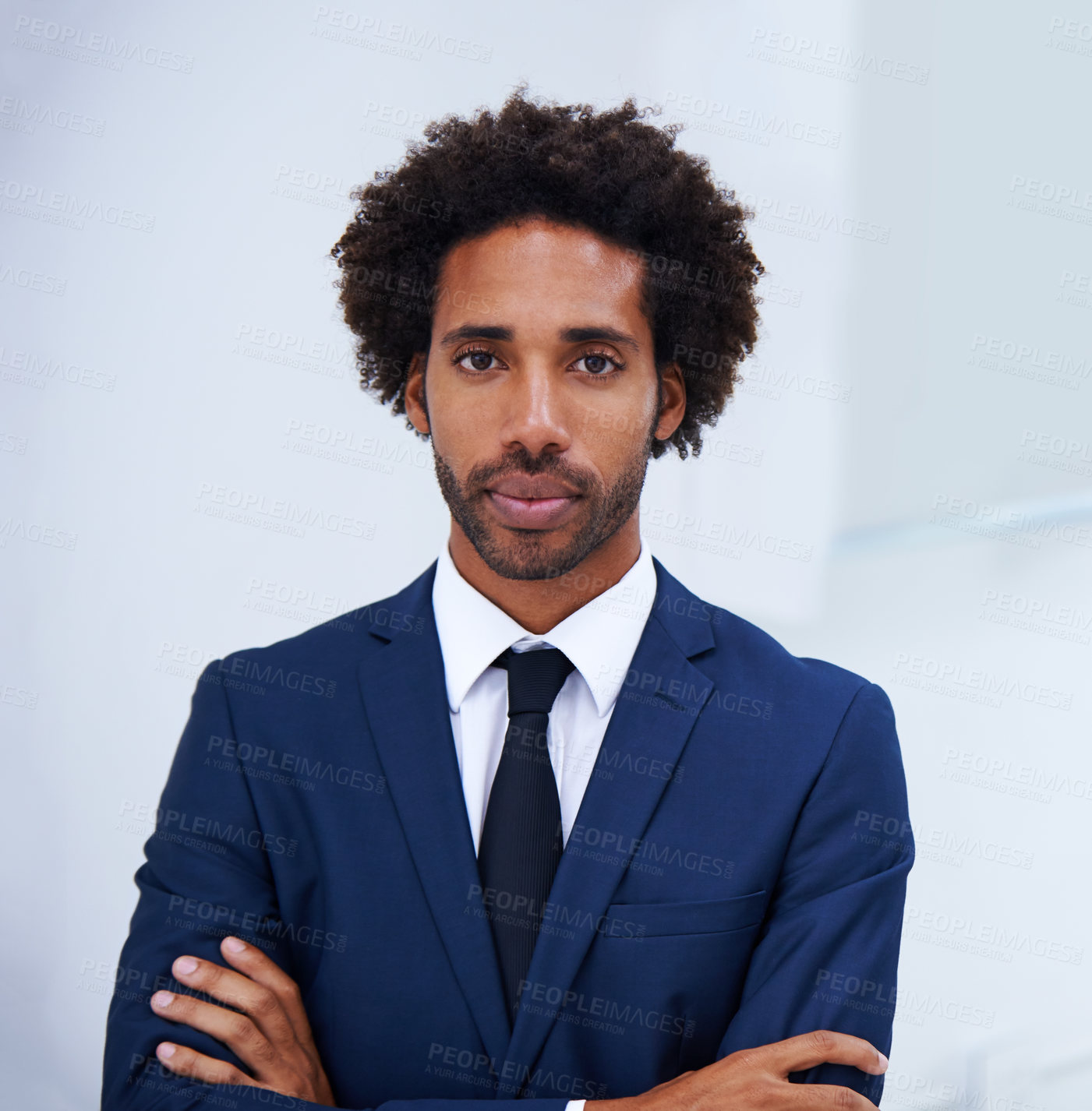 Buy stock photo African businessman, portrait and confident in office for professional, expert and career opportunity. Face, arms crossed and employee in workplace for growth, expertise and serious for company goals