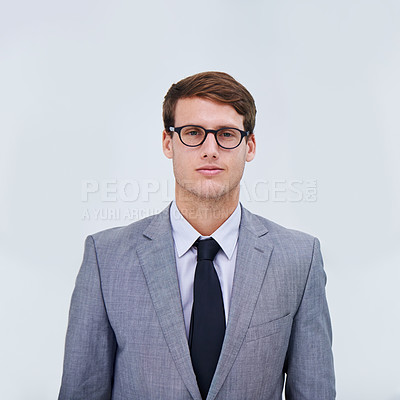 Buy stock photo Crossed arms, serious and portrait of businessman in studio with confidence for finance career. Glasses, professional and male financial broker from New York with pride for job by white background.