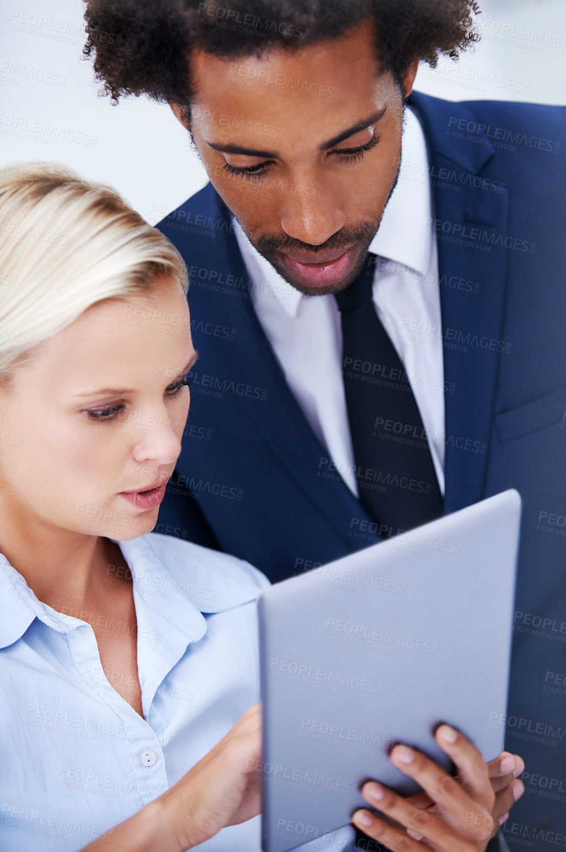 Buy stock photo Team, business people and research on tablet for planning, discussion and meeting. Diversity, tech and cooperation with administrative assistant for info update, project ideas and advice in office