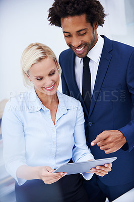 Buy stock photo Happy team, business people and brainstorming on tablet for research, planning and meeting in office. Diversity, tech and cooperation with sales consultant for profit report, info or project feedback