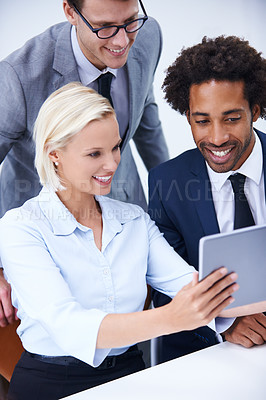 Buy stock photo Happy team, business people and training on tablet for coaching, research and meeting in office. Diversity, technology or group with product manager for help, advice or mentor teaching interns online