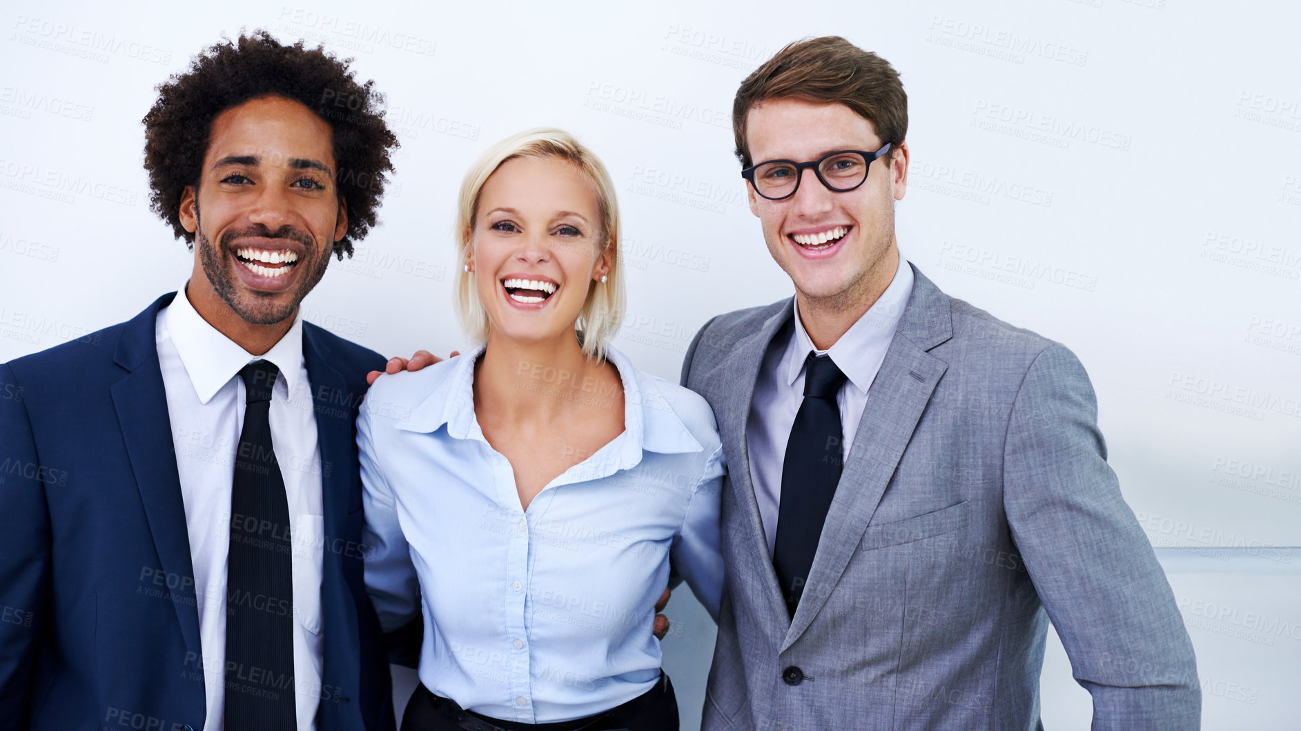 Buy stock photo Portrait, business people and funny with employees, happiness and diversity with teamwork, legal aid or startup. Face, coworkers or lawyers with humor, attorney and law firm with cooperation or smile