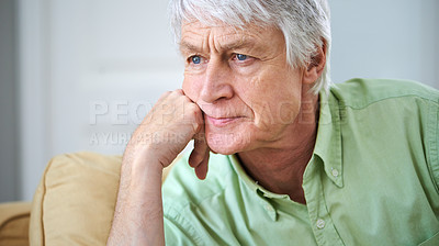 Buy stock photo Senior man, thinking and reflection on couch in home with ideas, memory and perspective in retirement. Elderly person, sad and remember with nostalgia, wonder and insight for decision in living room