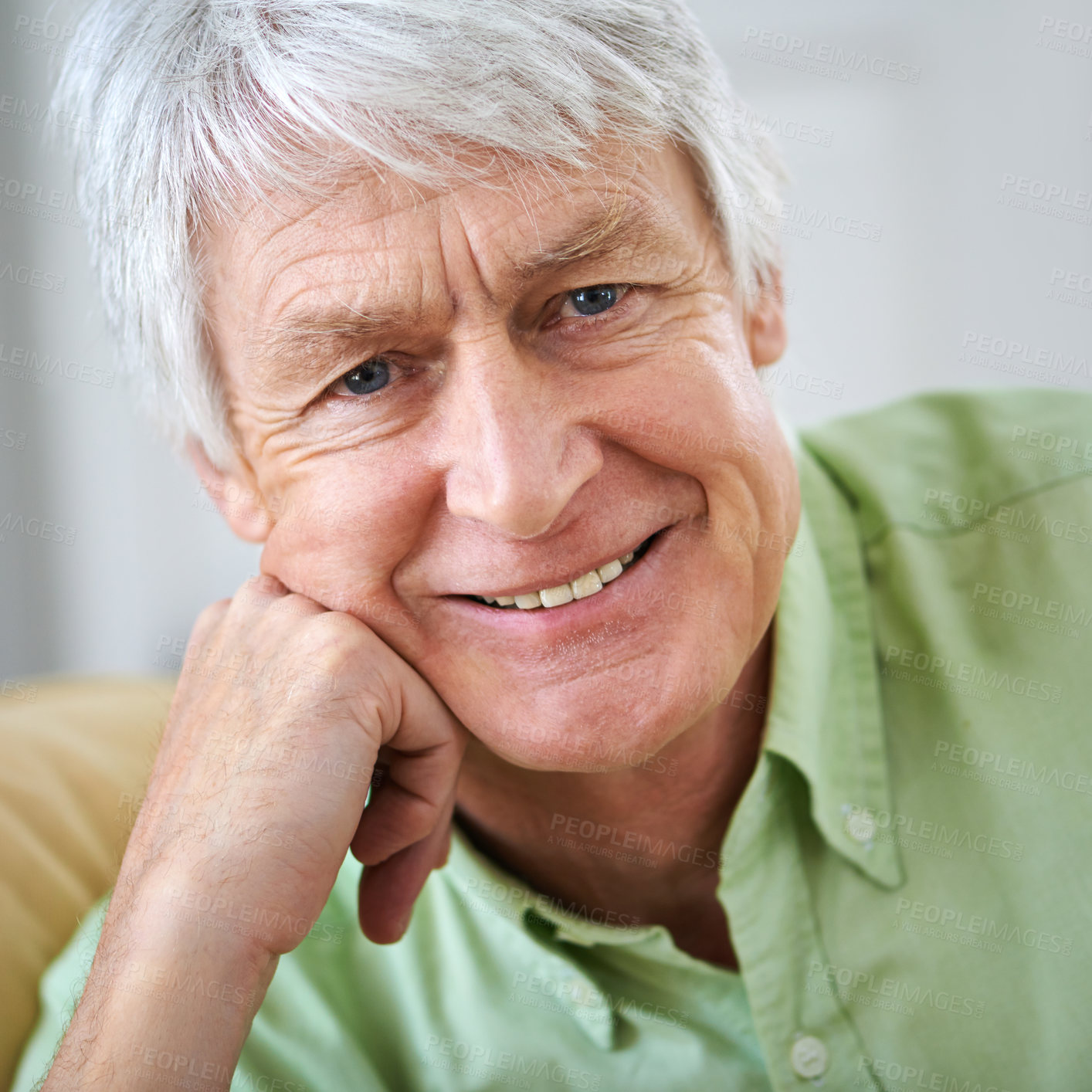 Buy stock photo Happy, relax and portrait of old man on sofa in home with confidence, wellness and retirement. Smile, calm and senior person on couch in living room with pride, peace and weekend morning in apartment