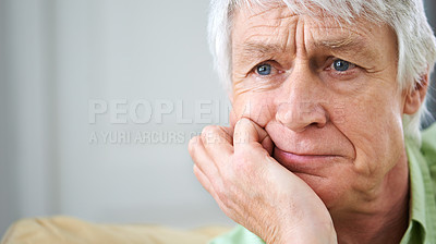 Buy stock photo Stress, thinking and old man on sofa in home with memory, mockup and retirement anxiety. Mental health, sad and senior person on couch in living room with worry, Alzheimer or dementia in apartment